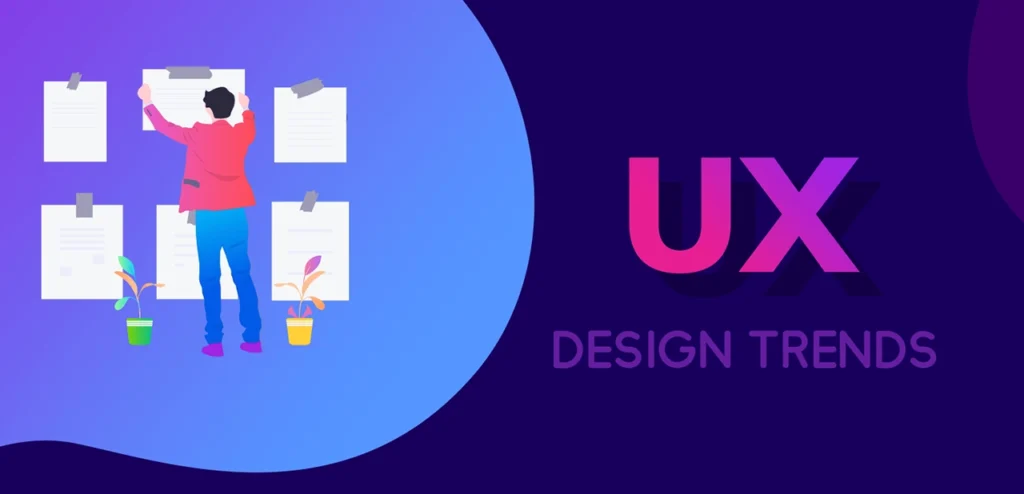 Een illustratie van een persoon die documenten op de muur plakt en daarnaast staat een tekst UX Design trends