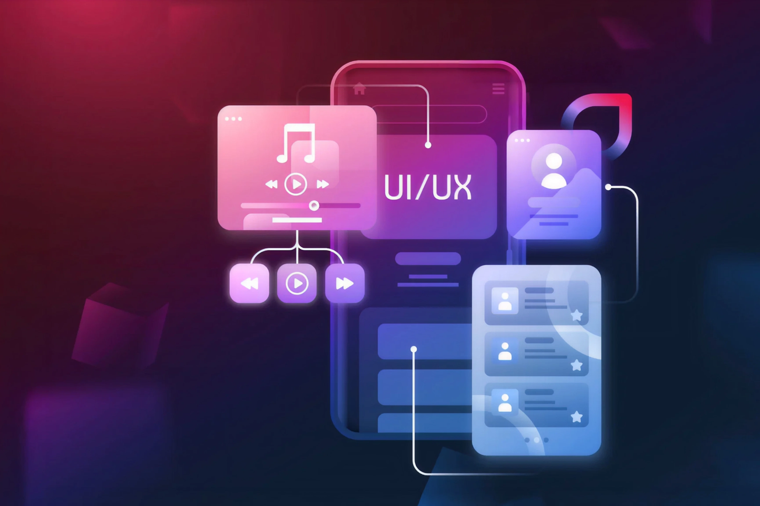 Illustratie van een smartphone met UI/UX-interface elementen, zoals muziekknoppen, profielkaarten en menuās, in een futuristische neonstijl.