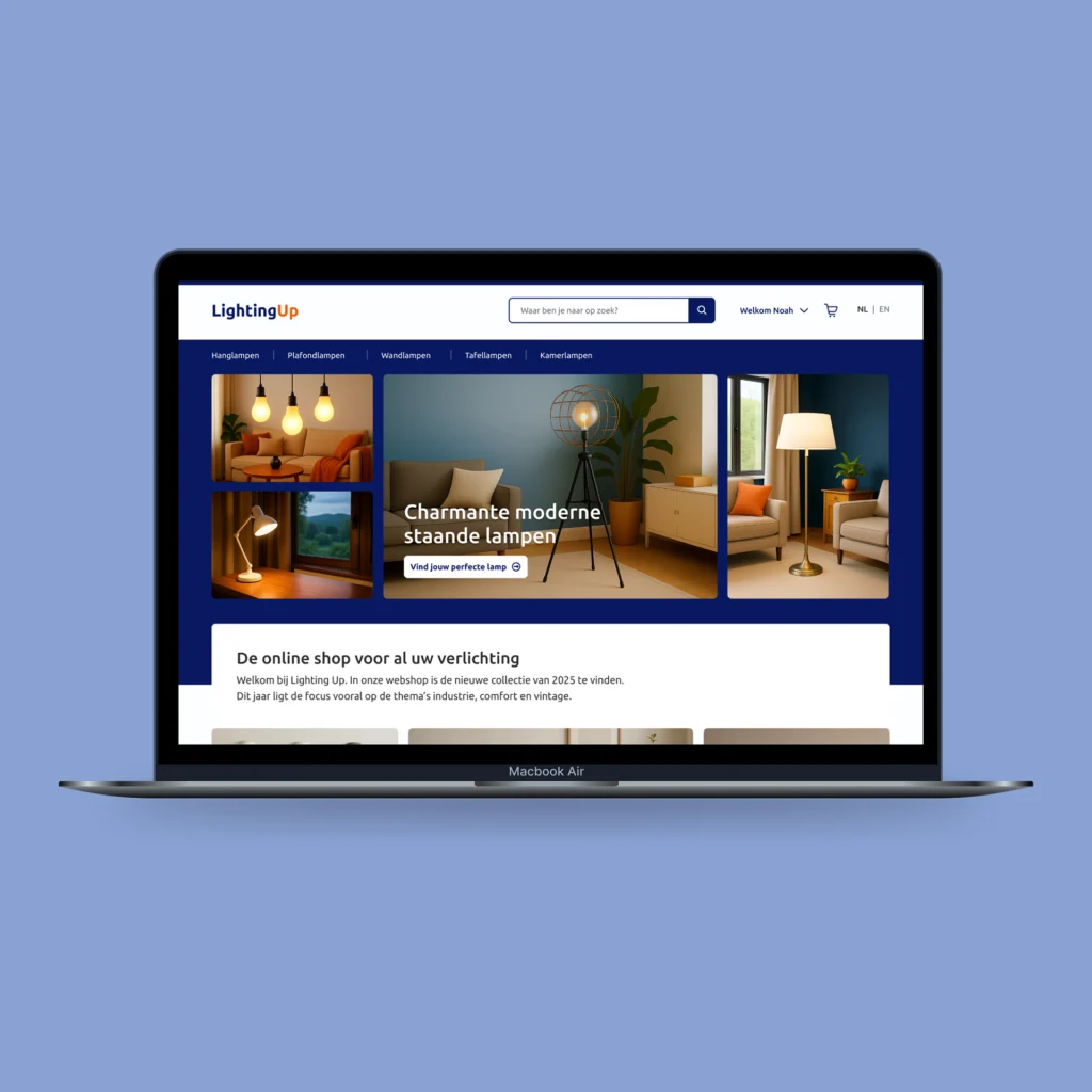 Laptop met de homepage van LightingUp, een webshop voor sfeervolle verlichting.
